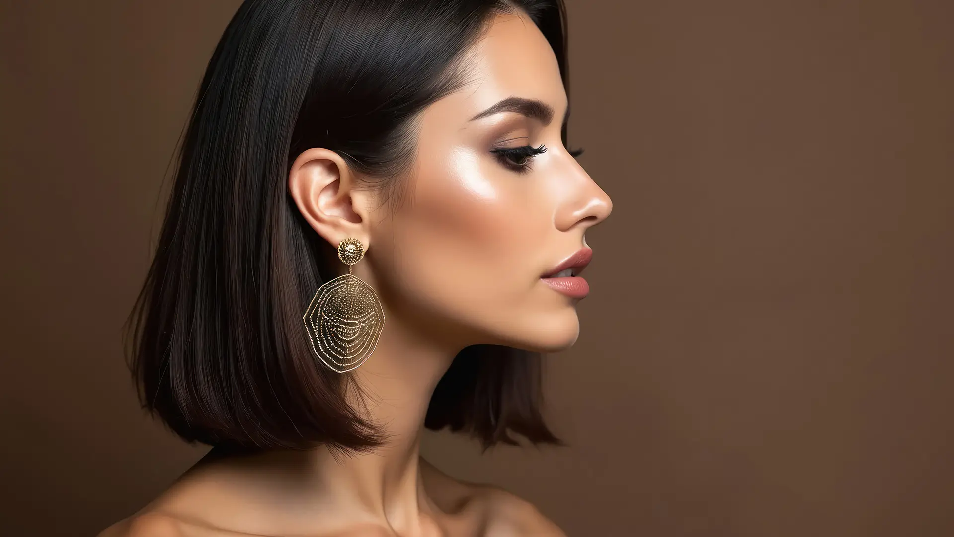 Beautiful woman profile with flawless skin and elegant makeup representing facial contouring and facelift results by Dr. Sanaz Harirchian in Houston.